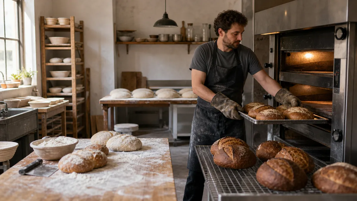A bearded baker in a dark apron and grey t-shirt, wearing oven gloves, pulls a tray of baked loaves out of a deck oven in a rustic bakery, with shaped dough on a floured bench, loaves on a cooling rack, and shelves of bowls behind.