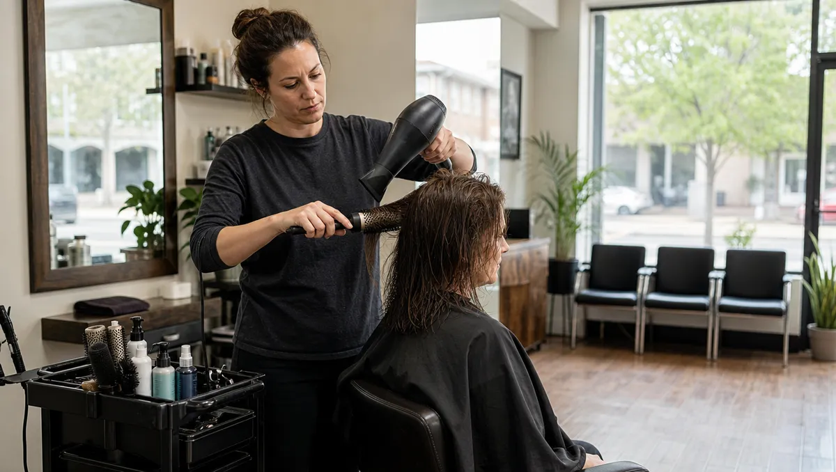 A stylist in a charcoal top blow-dries a seated client's damp brown hair with a round brush and a hairdryer in a bright salon, with a product trolley beside her, a wall mirror, and empty black waiting chairs by a large front window.