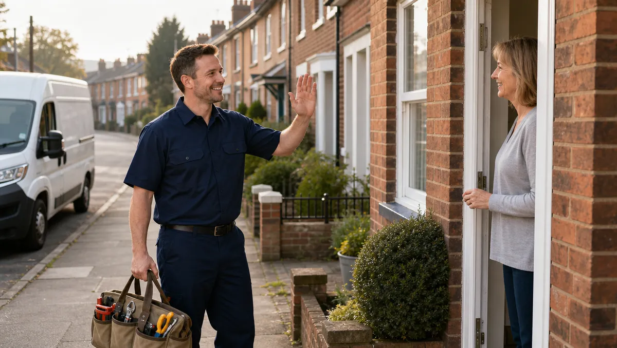 A smiling man in a navy work shirt and trousers waves with one hand and carries a canvas tool bag in the other on a brick terraced street, greeting a smiling woman who stands in her open front doorway, with a white van parked behind him.